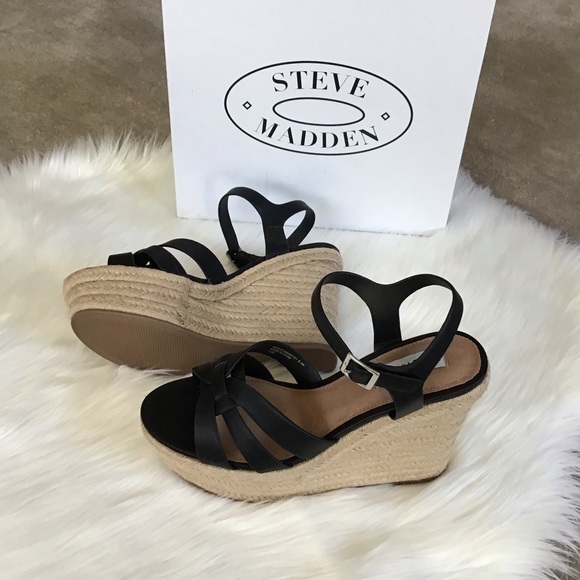STEVE MADDEN Black Leather Espadrille Wedge Sandals - Picture 4 of 6